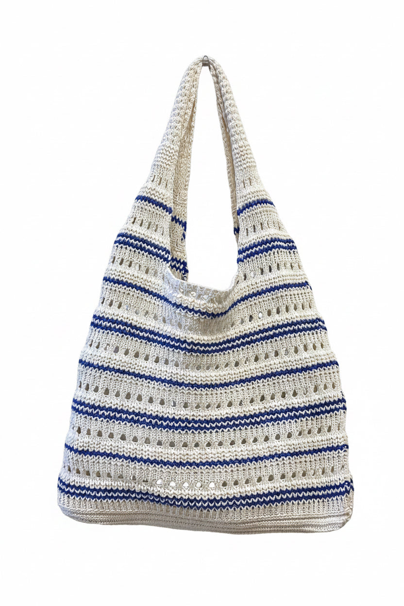Χειροποίητη tote bag από 100% Βαμβάκι – Λευκή με Μπλε Ρίγες